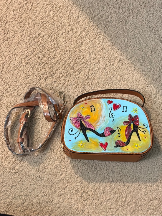 Handbags - Hand-Painted Brown Crossbody Bag with Pink Accents
